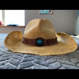 Straw hat with brown faux leather and turquoise.